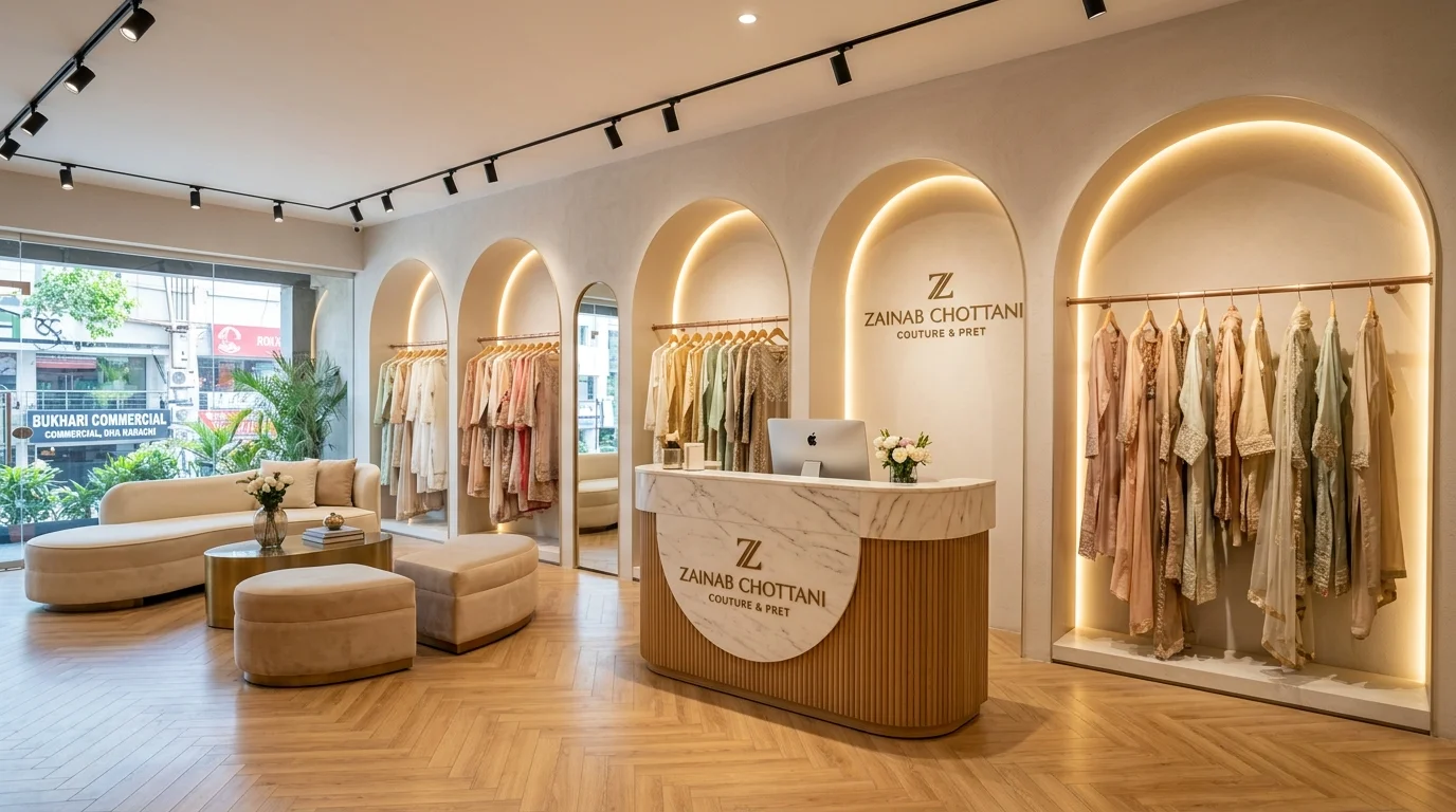 Luxury commercial retail fashion boutique in Bukhari Commercial DHA Karachi featuring illuminated arched display niches, rose-gold clothing rails displaying Pakistani couture, curved fluted marble cash-wrap counter, and polished herringbone oak flooring.
