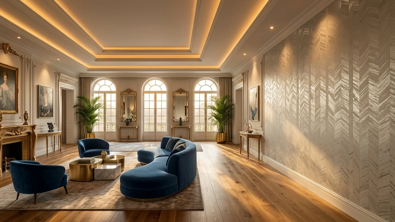 Grand formal salon featuring SPACE Brushed Metallic Gilt Chevron wallpaper (NQH770801), stepped false ceiling lighting, and Dynamic SPC Amber Teak flooring (DSPC-6003).