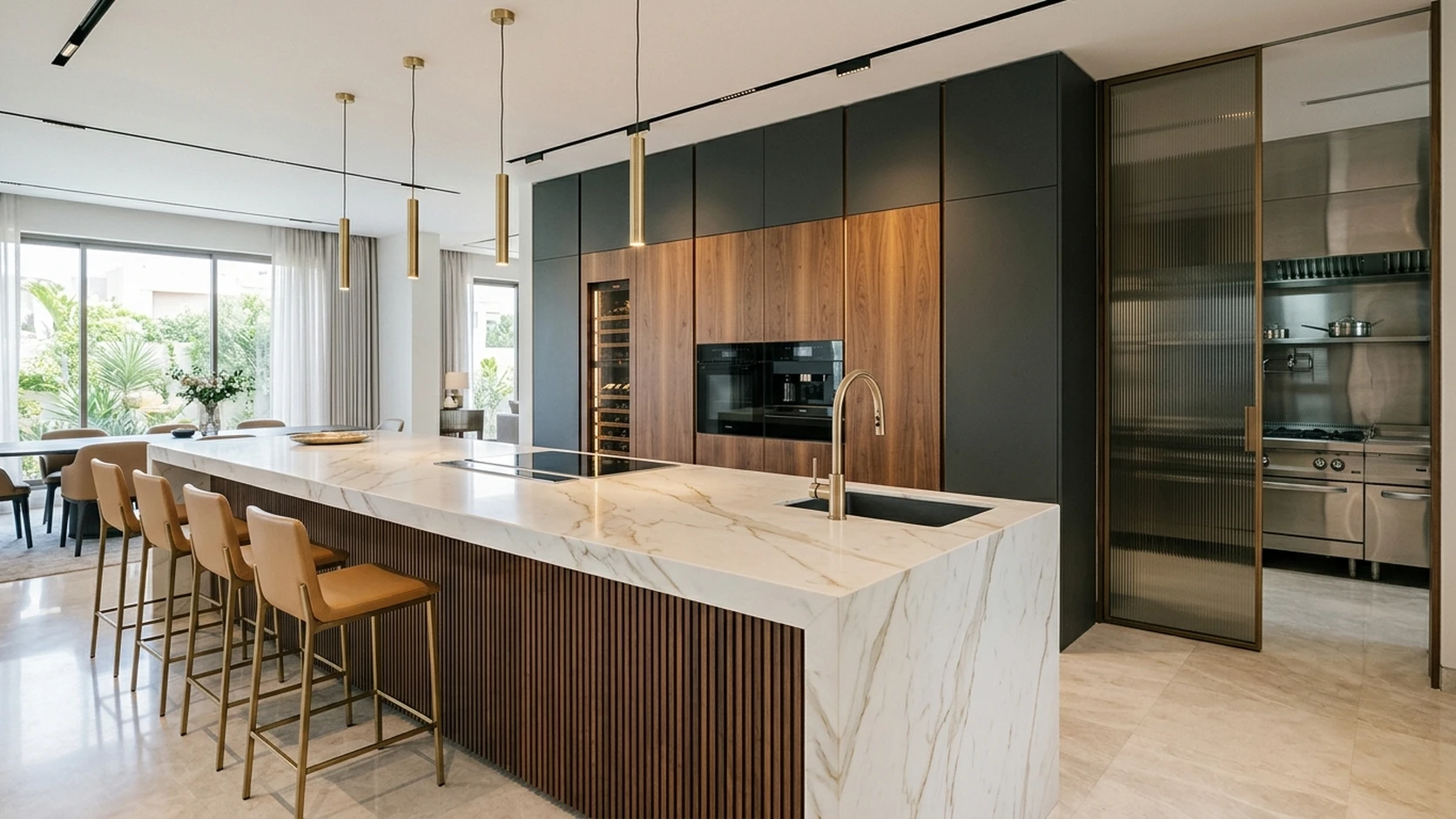 Minimalist culinary island and lounge with MIRA 42-inch Antique Bronze Olive Patina wallcovering (NQH798112) and Dynamic SPC Silver Driftwood flooring (DSPC-6007).