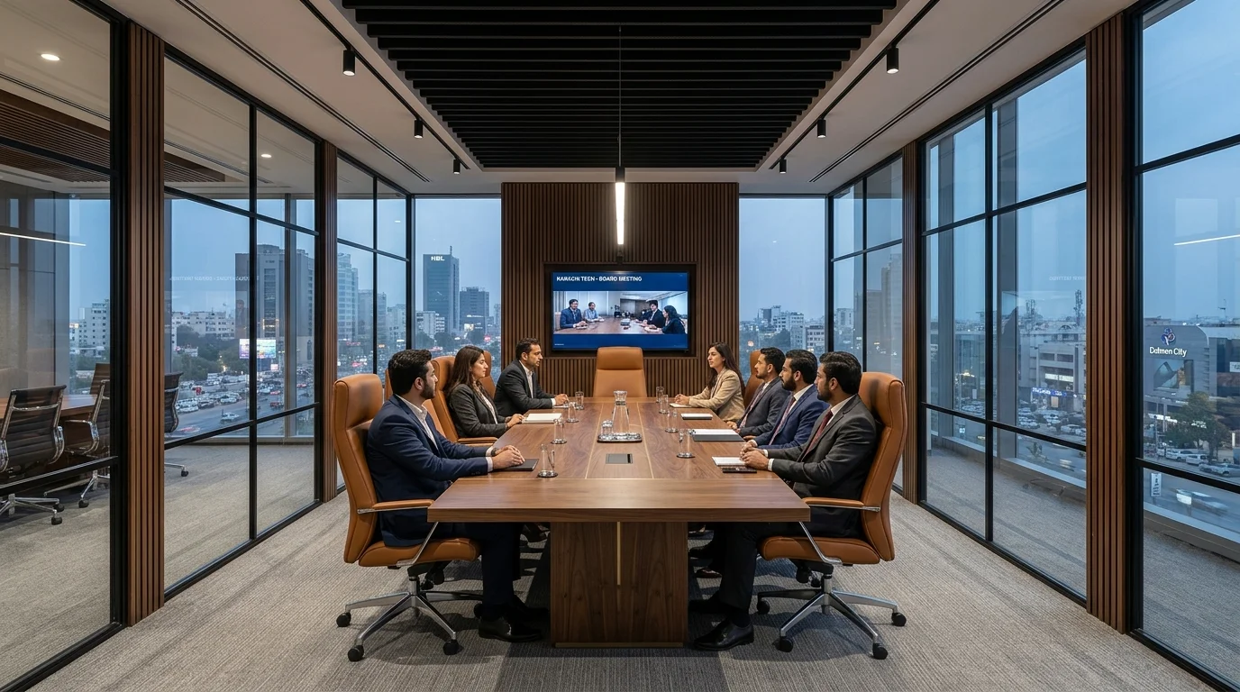 Turnkey Pakistani executive boardroom on Shahrah-e-Faisal featuring acoustic black slimline glass partitions, 12-person walnut conference table, ergonomic leather executive seating, acoustic slatted wall, and architectural magnetic track lighting.