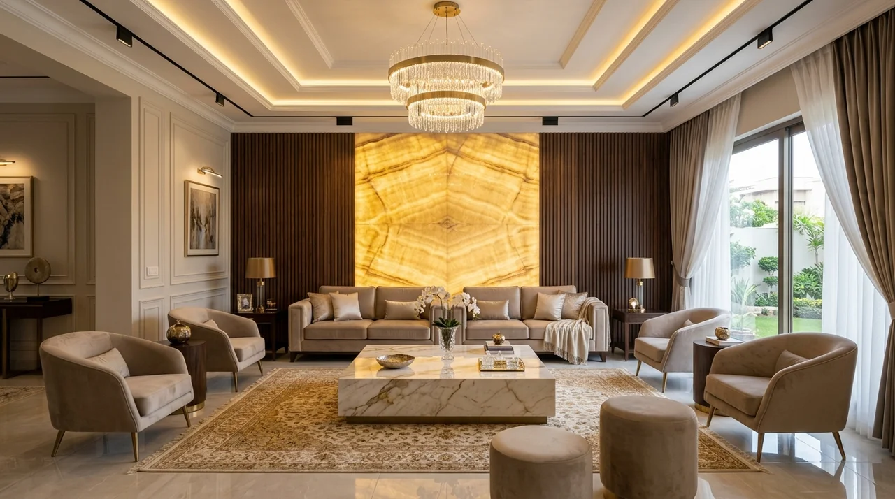 Authentic luxury Pakistani drawing room in DHA Karachi featuring a backlit Golden Onyx feature wall with dark walnut fluted acoustic slats, multi-tier gypsum false ceiling with warm 3000K cove lighting and crystal ring chandelier, formal 8-seater champagne velvet suite, and hand-knotted Persian silk-wool carpet.