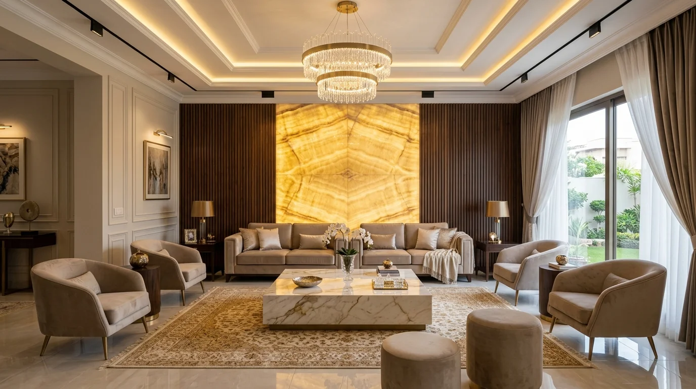 Authentic luxury Pakistani drawing room in DHA Karachi featuring a backlit Golden Onyx feature wall with dark walnut fluted acoustic slats, multi-tier gypsum false ceiling with warm 3000K cove lighting and crystal ring chandelier, formal 8-seater champagne velvet suite, and hand-knotted Persian silk-wool carpet.