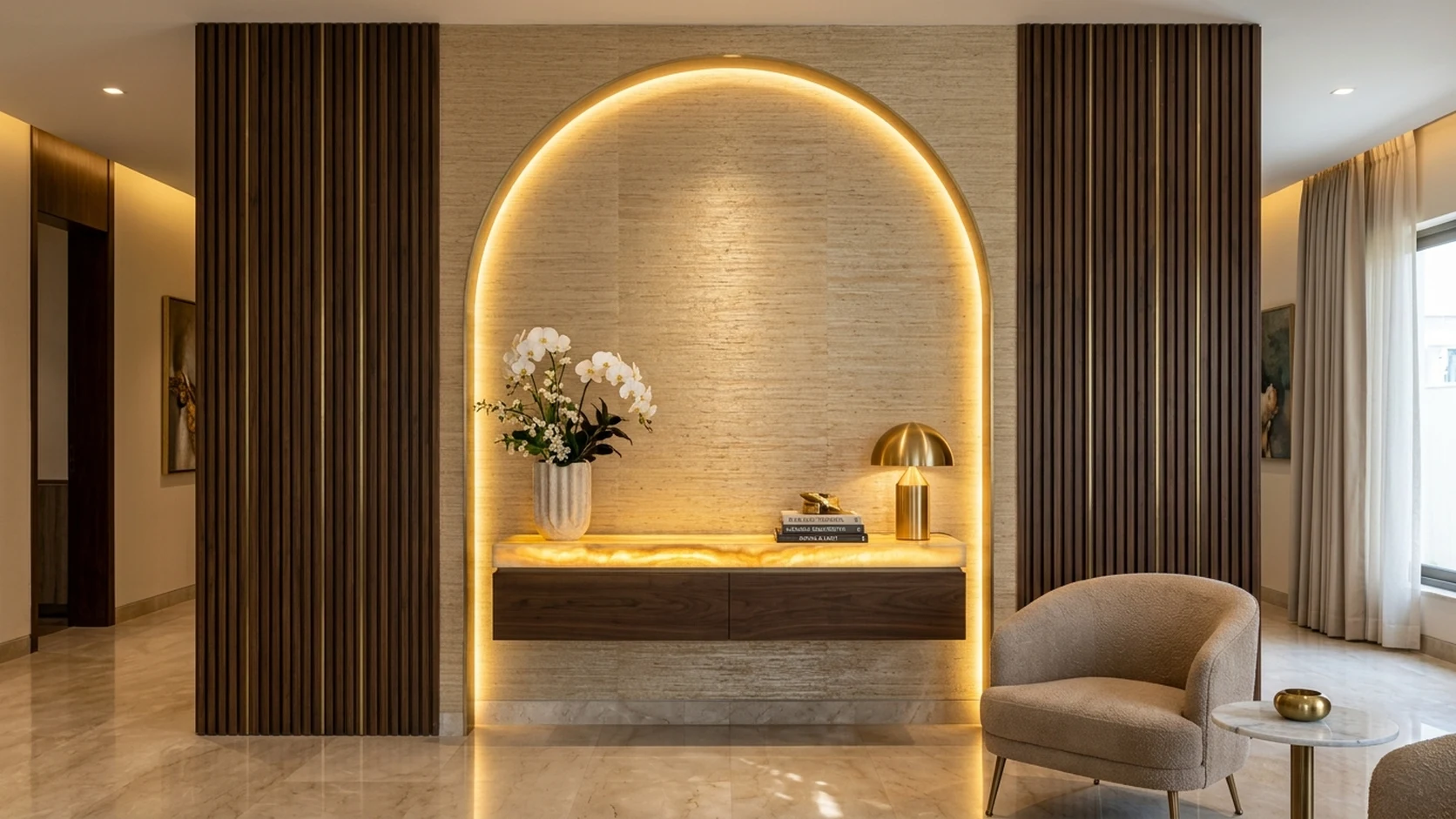 Architectural illuminated recessed archway finished in champagne-gold textured Raffia Grasscloth wallpaper with concealed warm 3000K LED perimeter cove lighting, fluted dark walnut acoustic slats with brass inlays, backlit honey onyx floating console, and polished Botticino marble flooring in DHA Karachi.