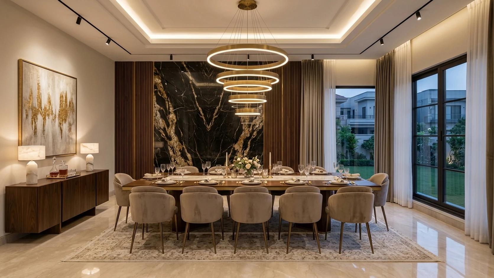 Contemporary media lounge featuring SPACE Sapphire Indigo Fluid Wave Marble wallpaper (NQH771302) and Dynamic SPC Whitewashed Oak flooring (DSPC-6002).