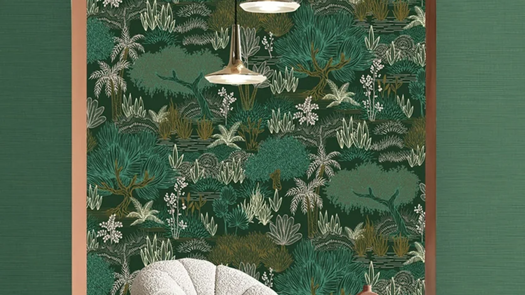 Terracotta archway framing MIRA 42-inch Emerald Tropical Botanical Mural (NQH796101) with white bouclé armchair and Eucalyptus Raffia outer wall (NQH796216).