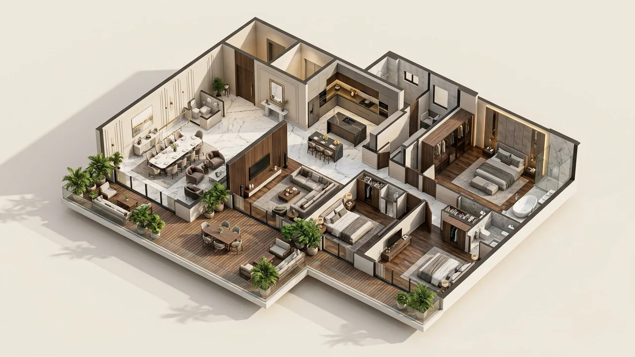 3D isometric cutaway masterplan of an ultra-luxury 4-bedroom executive penthouse in Clifton/DHA Karachi featuring private foyer, formal drawing and 10-seater dining salon, family lounge with fluted acoustic wood partition, dual kitchens, 3 ensuite bedroom suites, and a deep wraparound timber terrace.