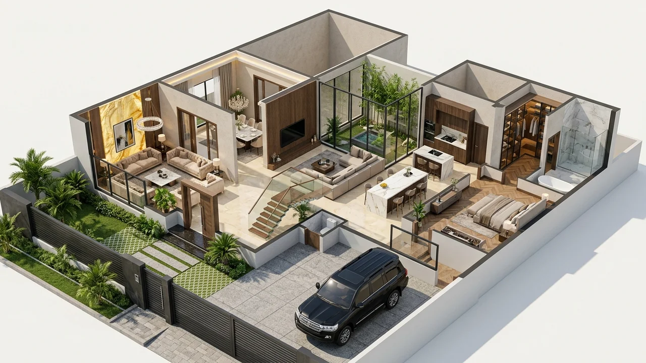 3D isometric cutaway floor plan of a 1-Kanal luxury villa in DHA Karachi Phase 8 featuring secure car porch with SUV, front lawn, grand entrance lobby, formal drawing and dining with backlit golden onyx wall, internal glass courtyard with bamboo, family TV lounge, show kitchen, and ground floor master suite with walk-in closet.