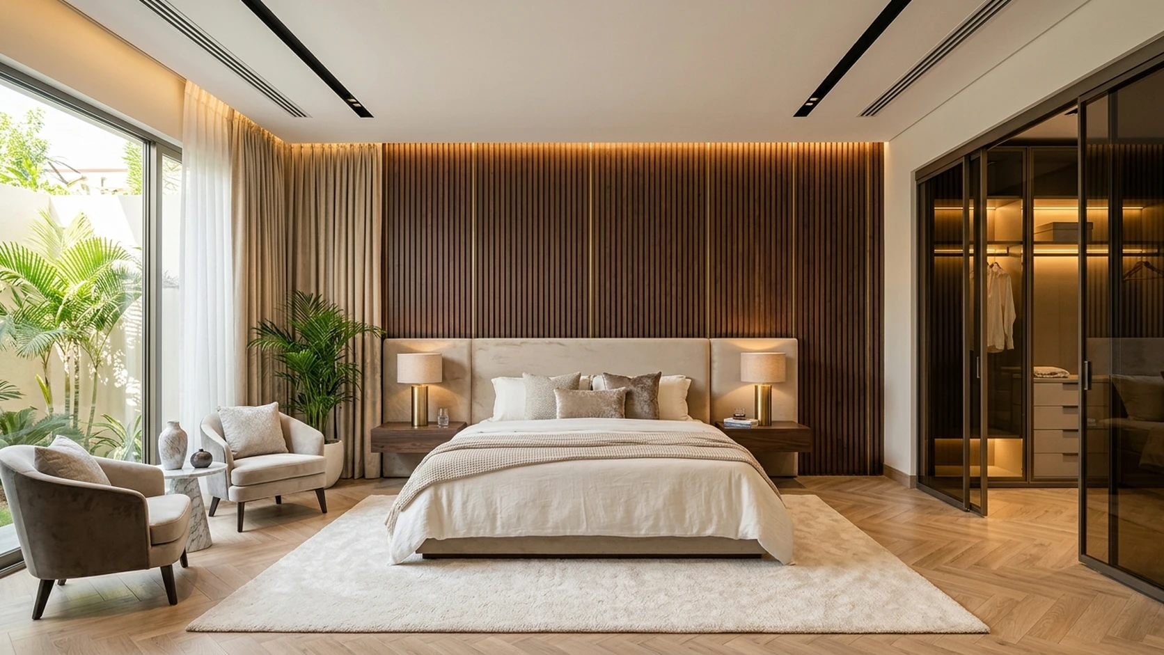 Ultra-luxury Master Bedroom Suite in DHA Karachi featuring floor-to-ceiling slatted dark walnut acoustic paneling with brass inlays, champagne velvet platform bed, floating nightstands, illuminated walk-in wardrobe, and private courtyard palm views.