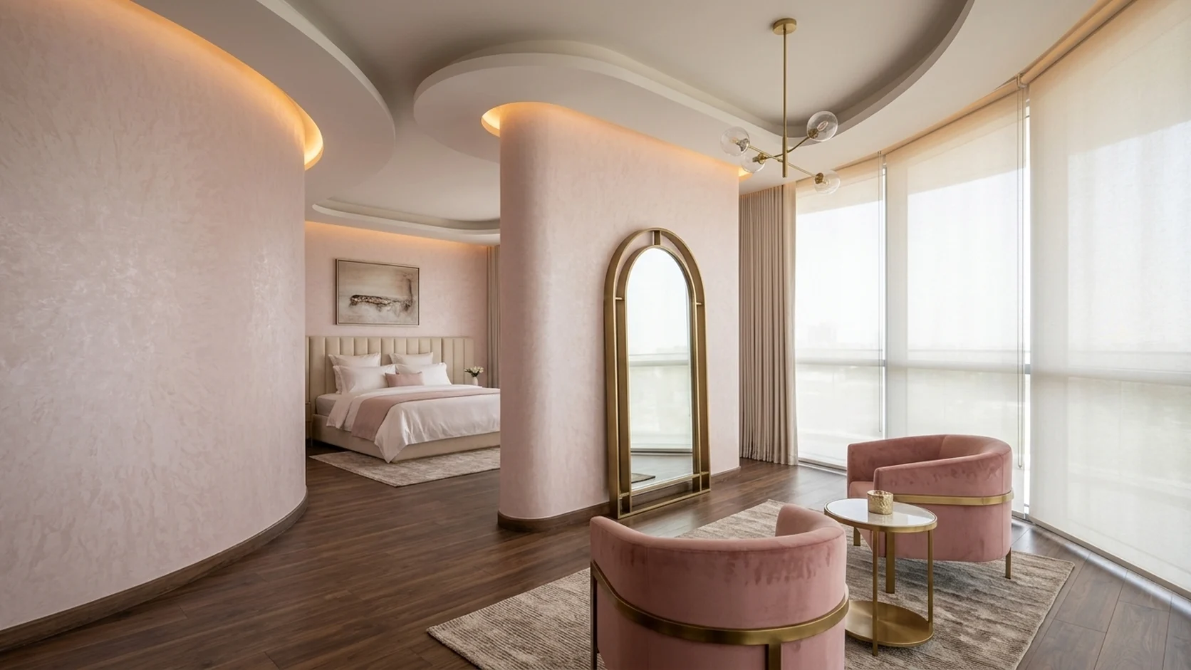 Curved boutique dressing lounge and suite finished in MIRA 42-inch Powder Blush Shimmer Plaster (NQH797107) and Dynamic SPC Espresso Walnut flooring (DSPC-6010).