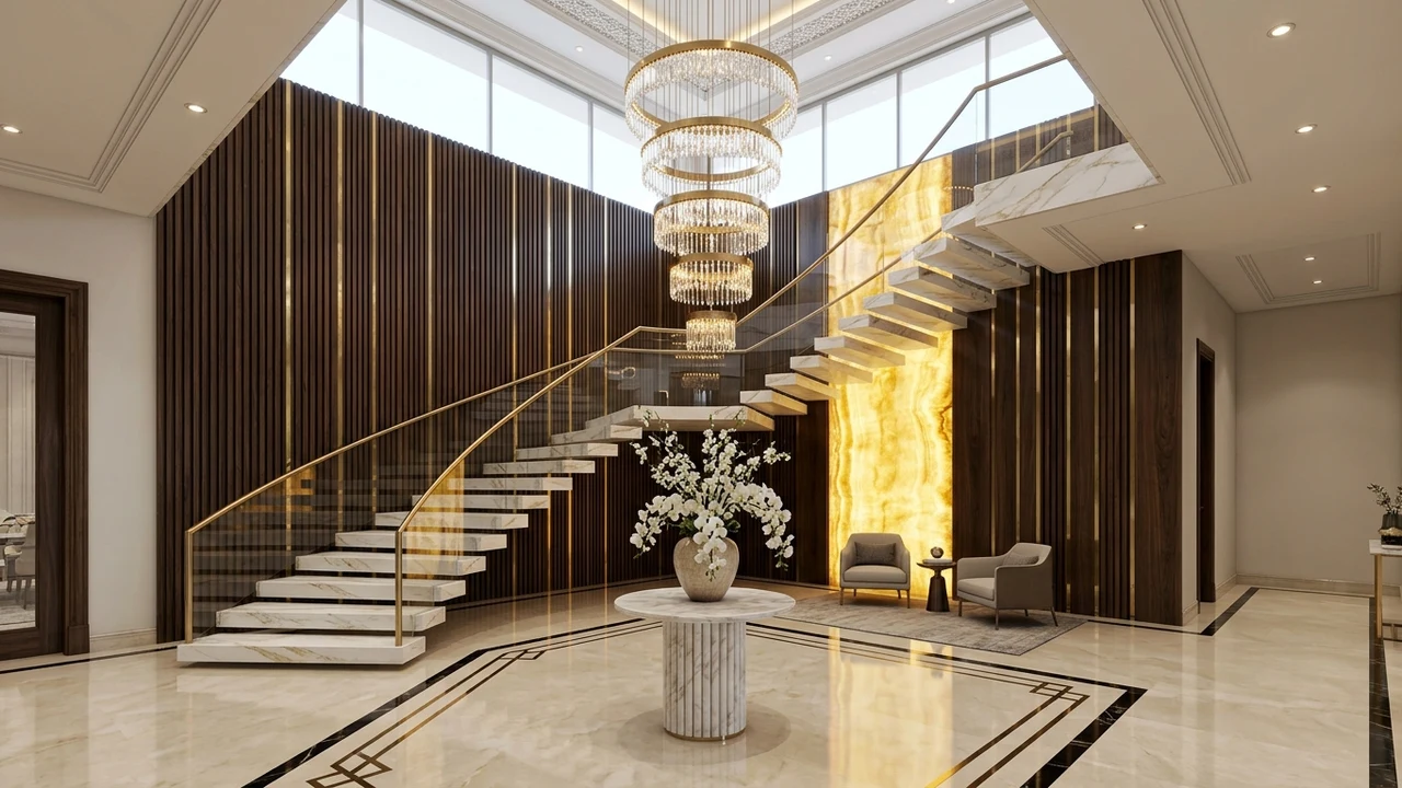 Double-height 22-foot entrance foyer and cantilevered Calacatta marble floating staircase with custom crystal chandelier in DHA Karachi.